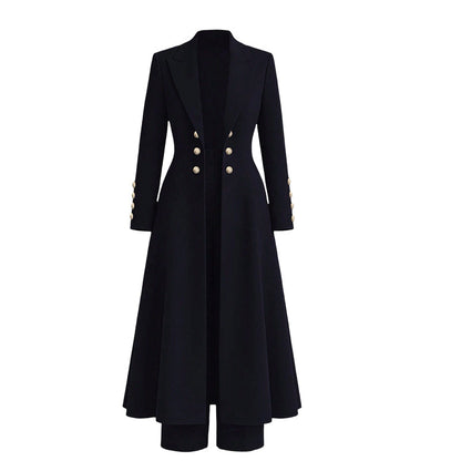 ✨ Women's Double-Breasted Knit Set – Elegant Long Coat + Straight Pants, Gold Buttons Chic Winter Look 💕