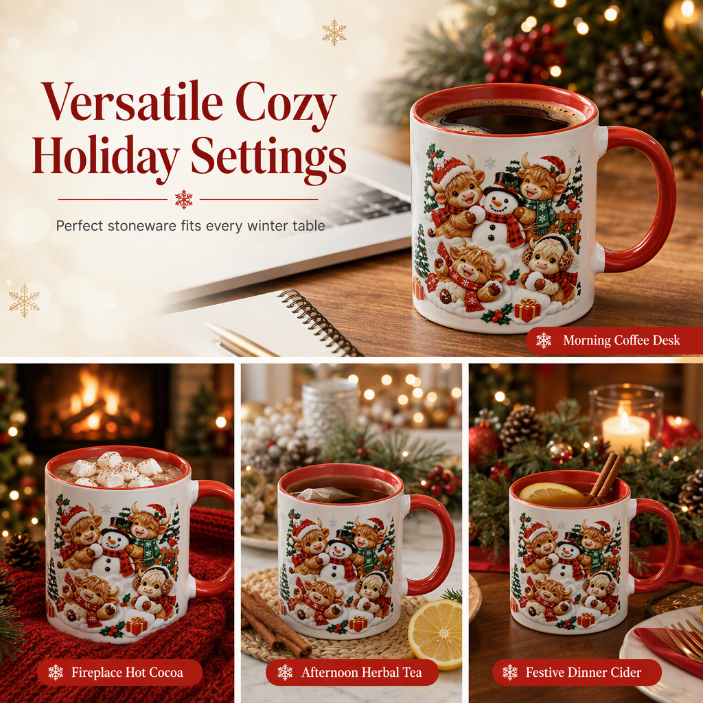 ☕✨Festive Highland Cow & Snowman Ceramic Mugs – Add a Little Christmas Magic to Every Sip!