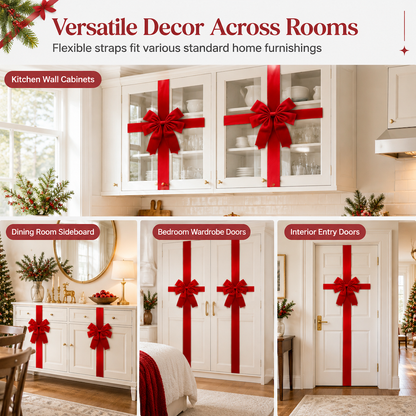 Christmas Red Bow Decoration for Kitchen Cabinet Doors and Front Doors with Hook and Loop Fastener