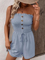 💃Women's Strapless Frill Trim Shirred Tie Front Wide Leg Tube Romper